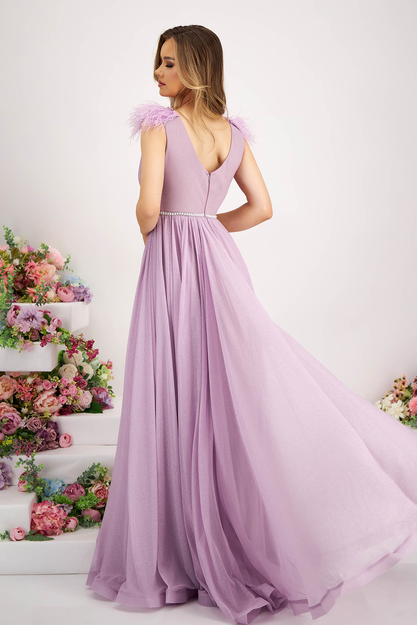 Long lilac glitter tulle dress with feathers on the shoulders 2 - StarShinerS.com
