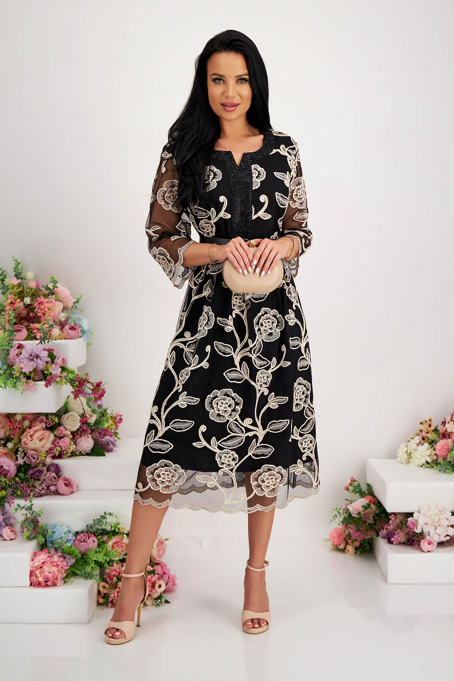 Rochie din tul cu detalii brodate neagra midi in clos cu accesoriu tip curea 5 - StarShinerS.ro