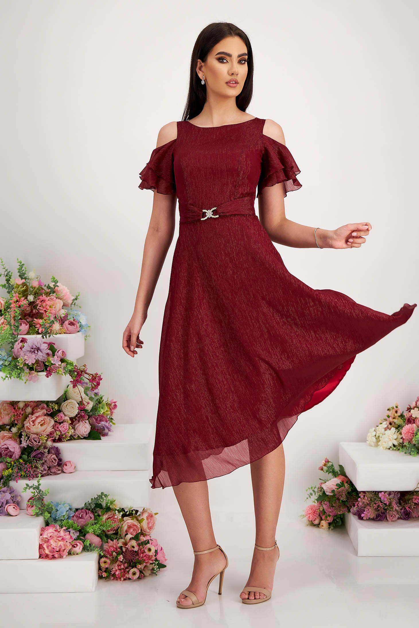 Rochie din voal cu fir lame visinie midi in clos - StarShinerS 7 - StarShinerS.ro