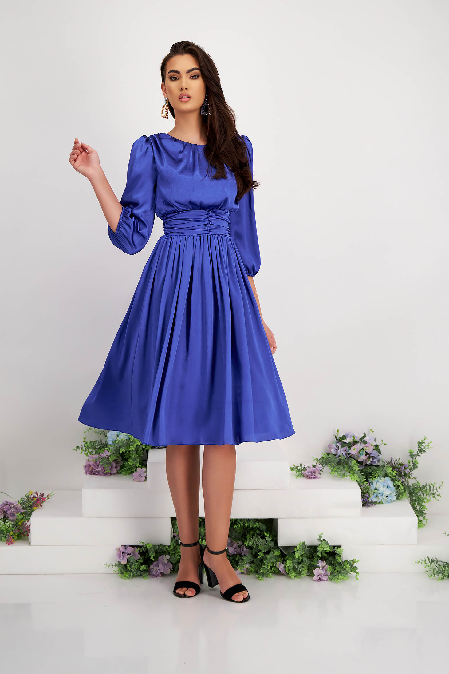 Kék szatén midi harang ruha 3 - StarShinerS.hu