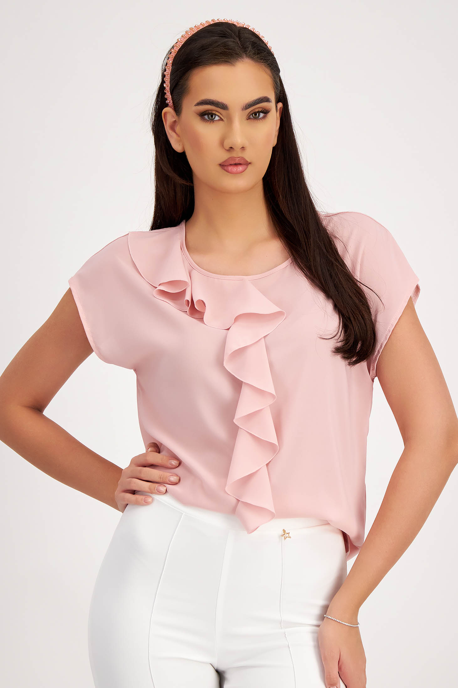 Light Pink Voile Women's Blouse with Wide Cut and Asymmetrical Front Frill - StarShinerS 6 - StarShinerS.com