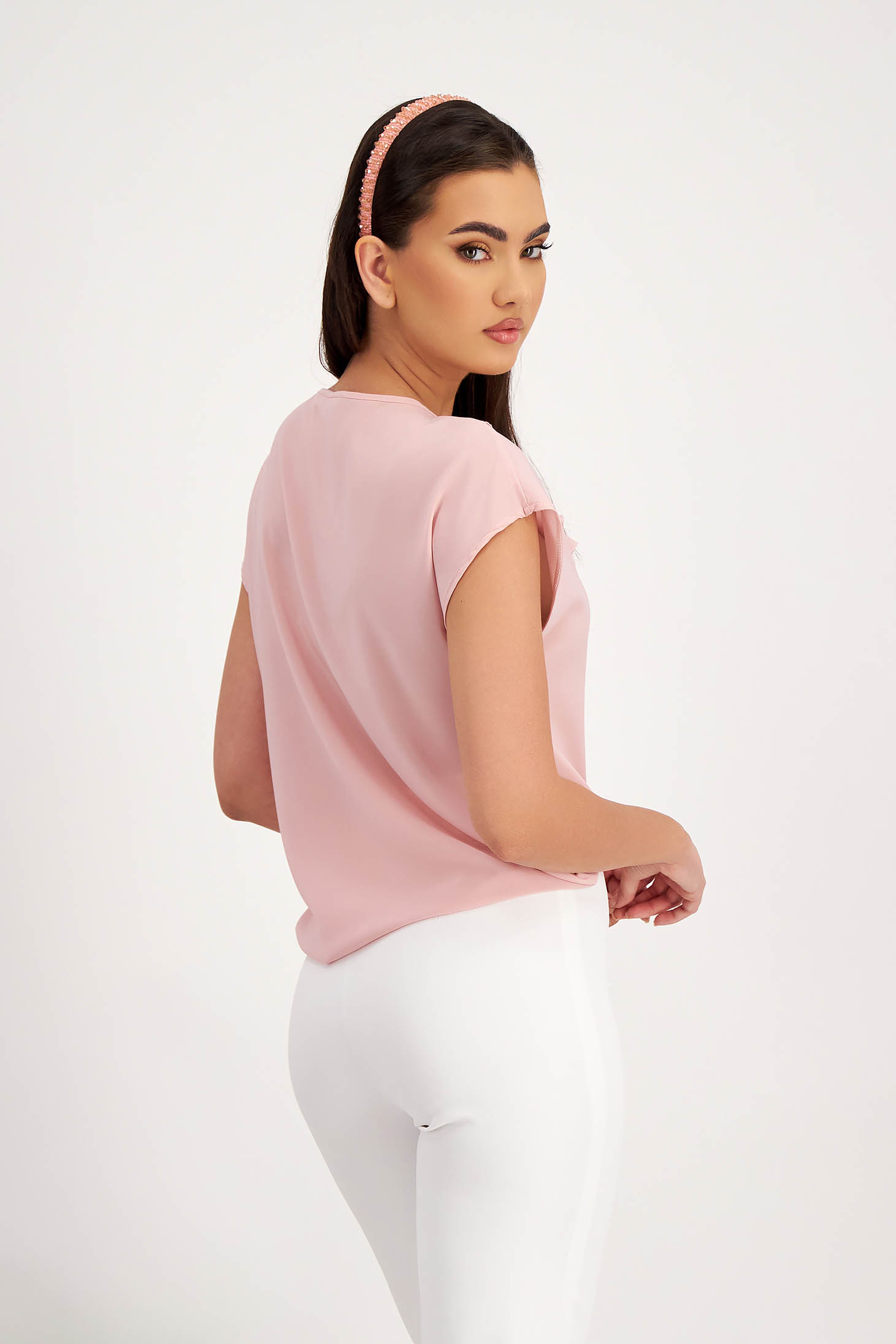 Light Pink Voile Women's Blouse with Wide Cut and Asymmetrical Front Frill - StarShinerS 2 - StarShinerS.com