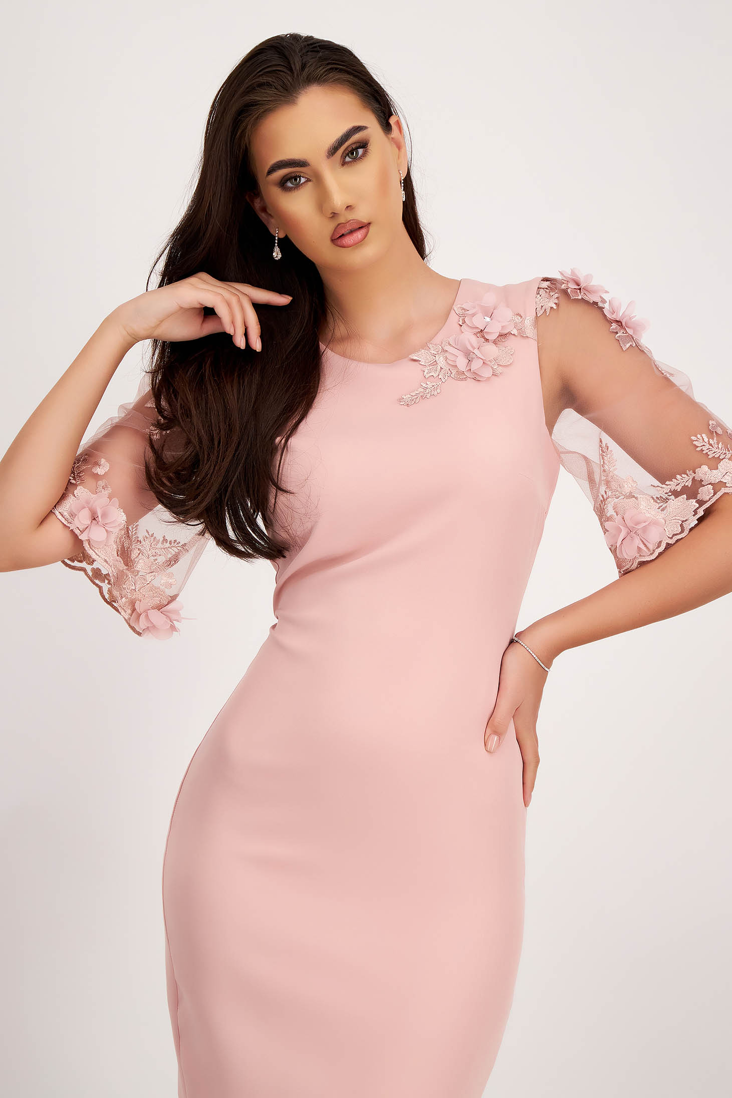 Light Pink Elastic Fabric Pencil Dress with Handmade Details and Lace Sleeves - StarShinerS 6 - StarShinerS.com