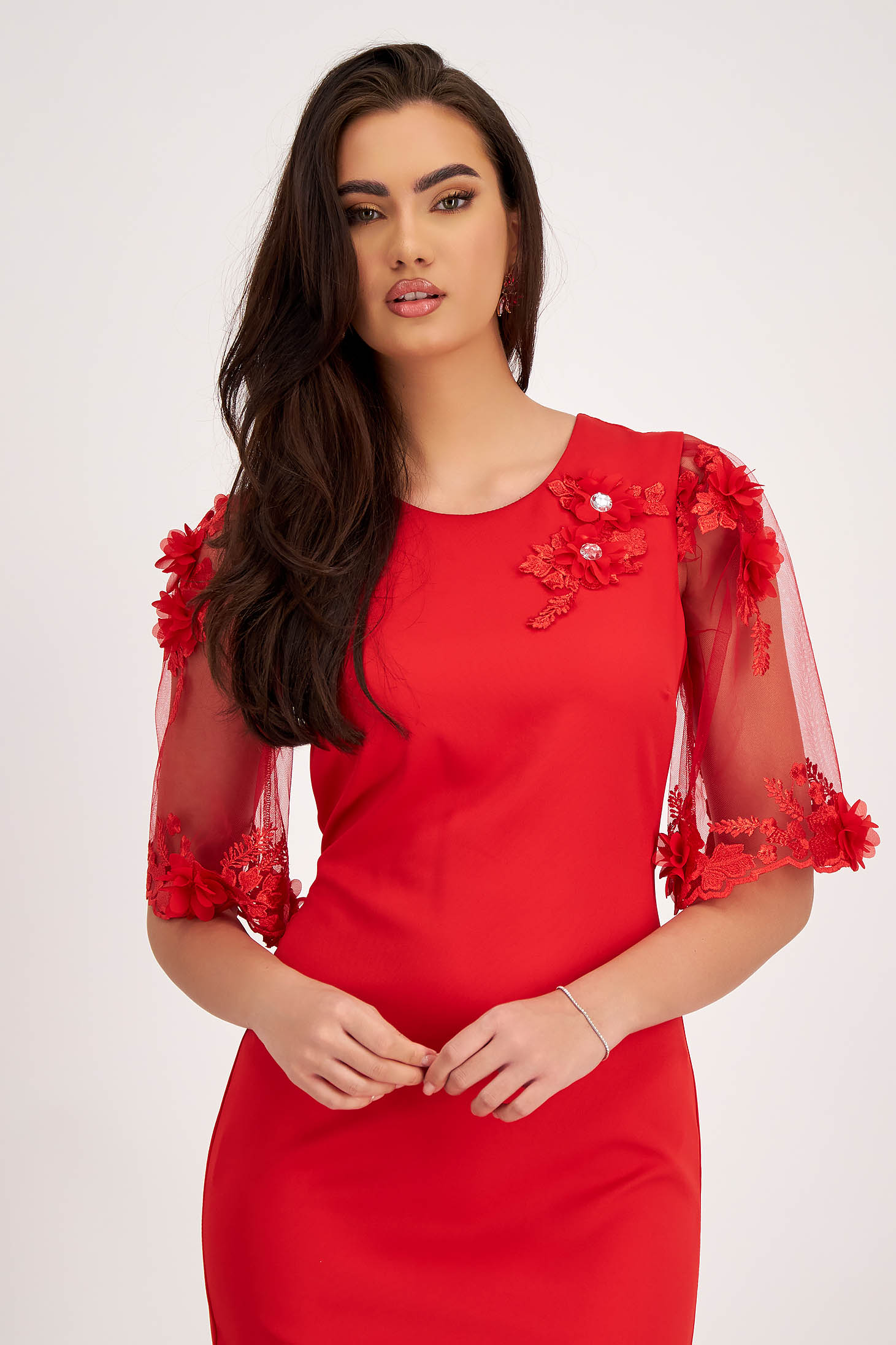 Red pencil type elastic fabric dress with handmade applied details and lace sleeves - StarShinerS 6 - StarShinerS.com