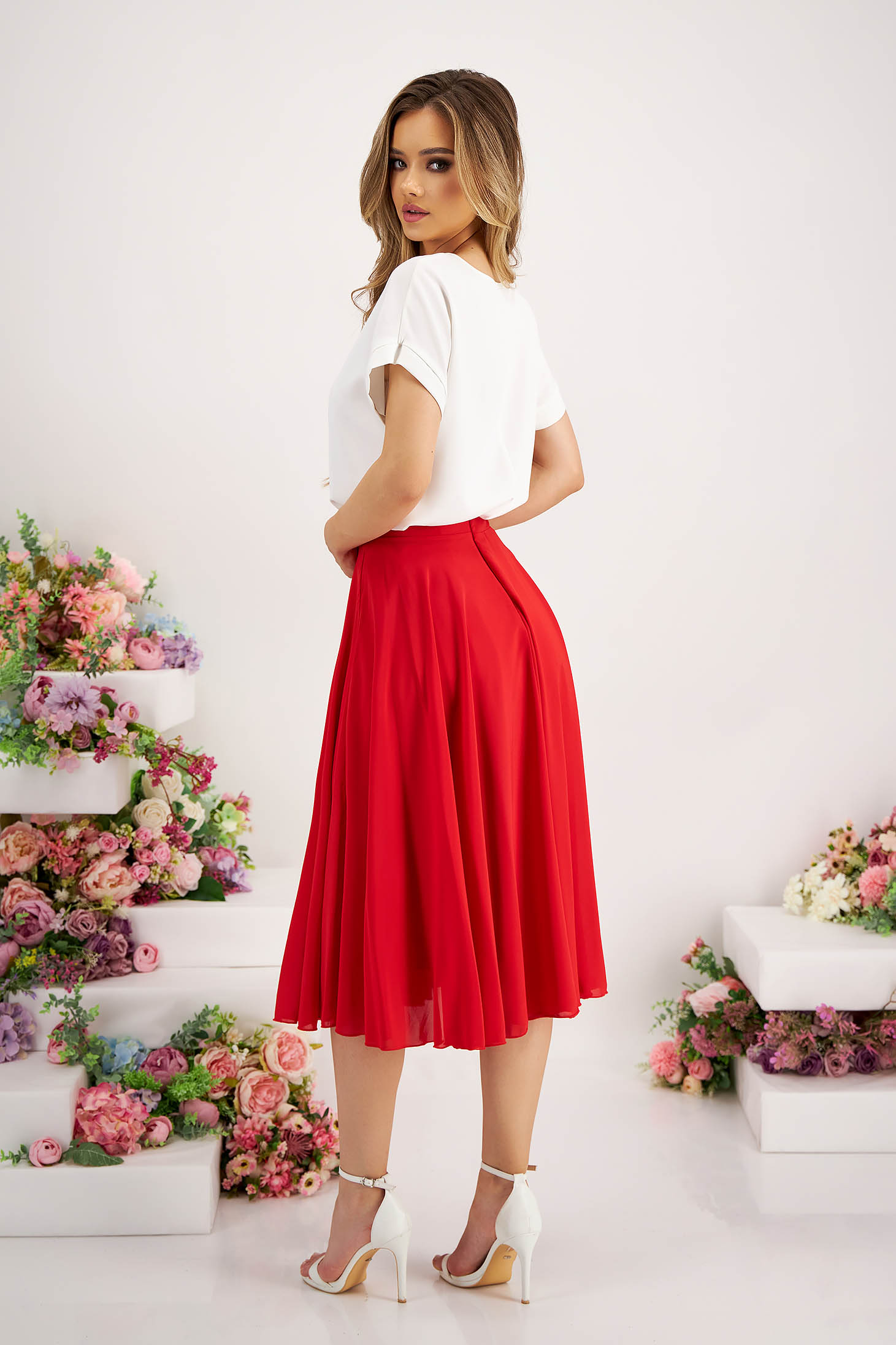 Red Voile Midi Flared Skirt with High Waist - StarShinerS 3 - StarShinerS.com