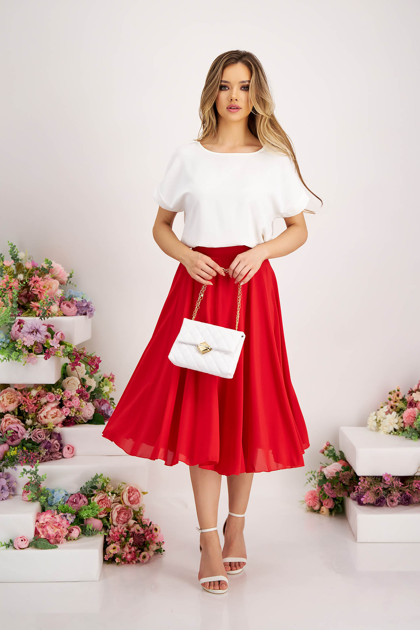 Red Voile Midi Flared Skirt with High Waist - StarShinerS 6 - StarShinerS.com
