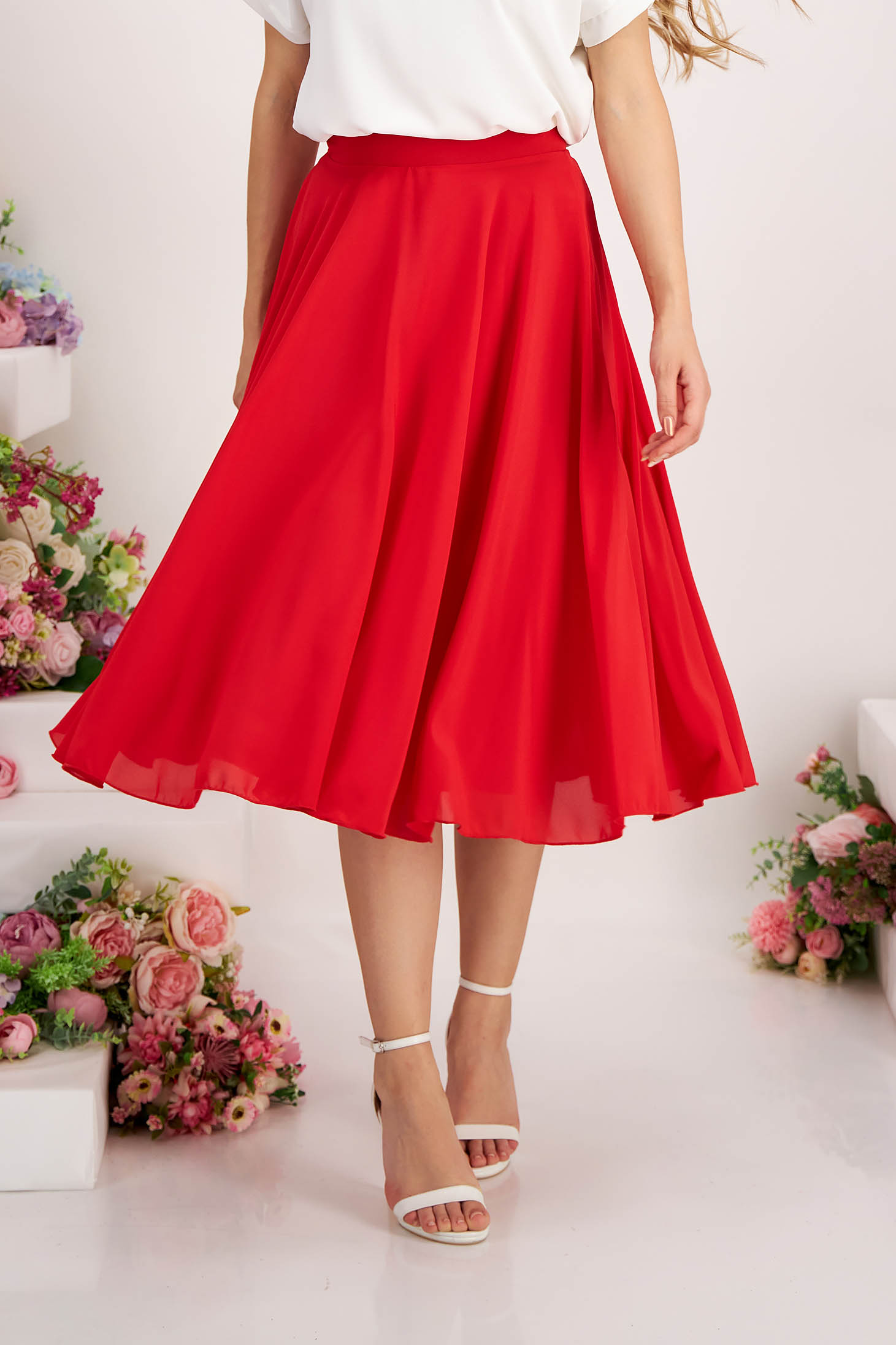 Red Voile Midi Flared Skirt with High Waist - StarShinerS 4 - StarShinerS.com