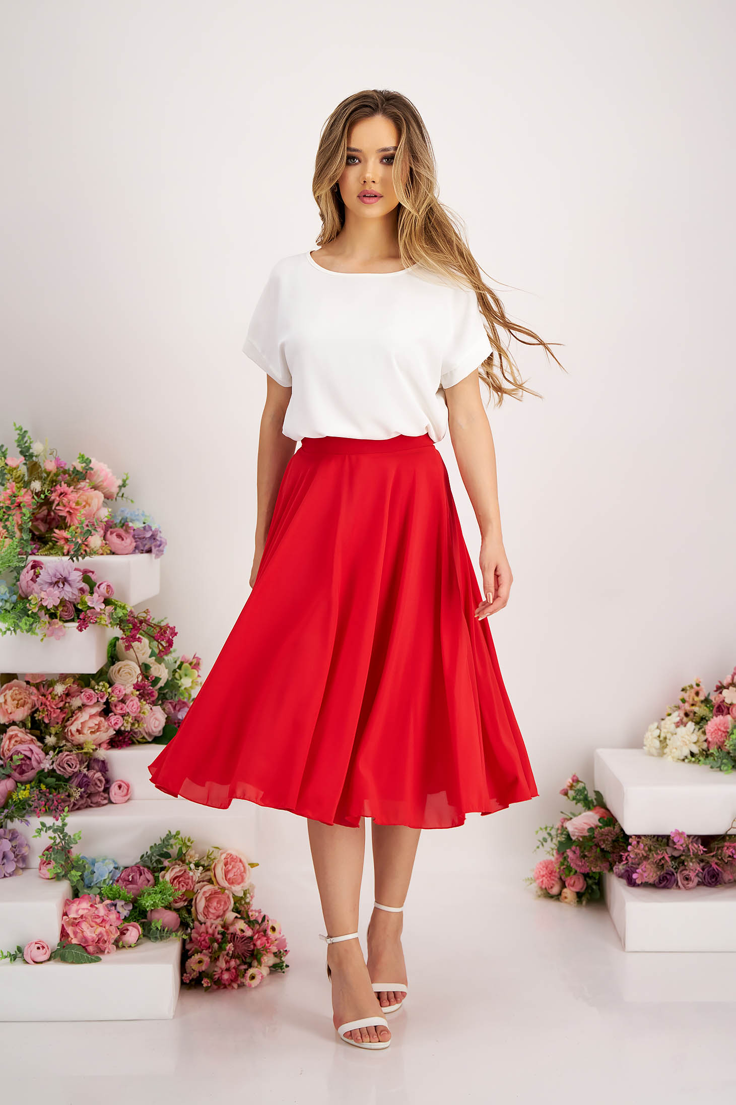 Red Voile Midi Flared Skirt with High Waist - StarShinerS 2 - StarShinerS.com