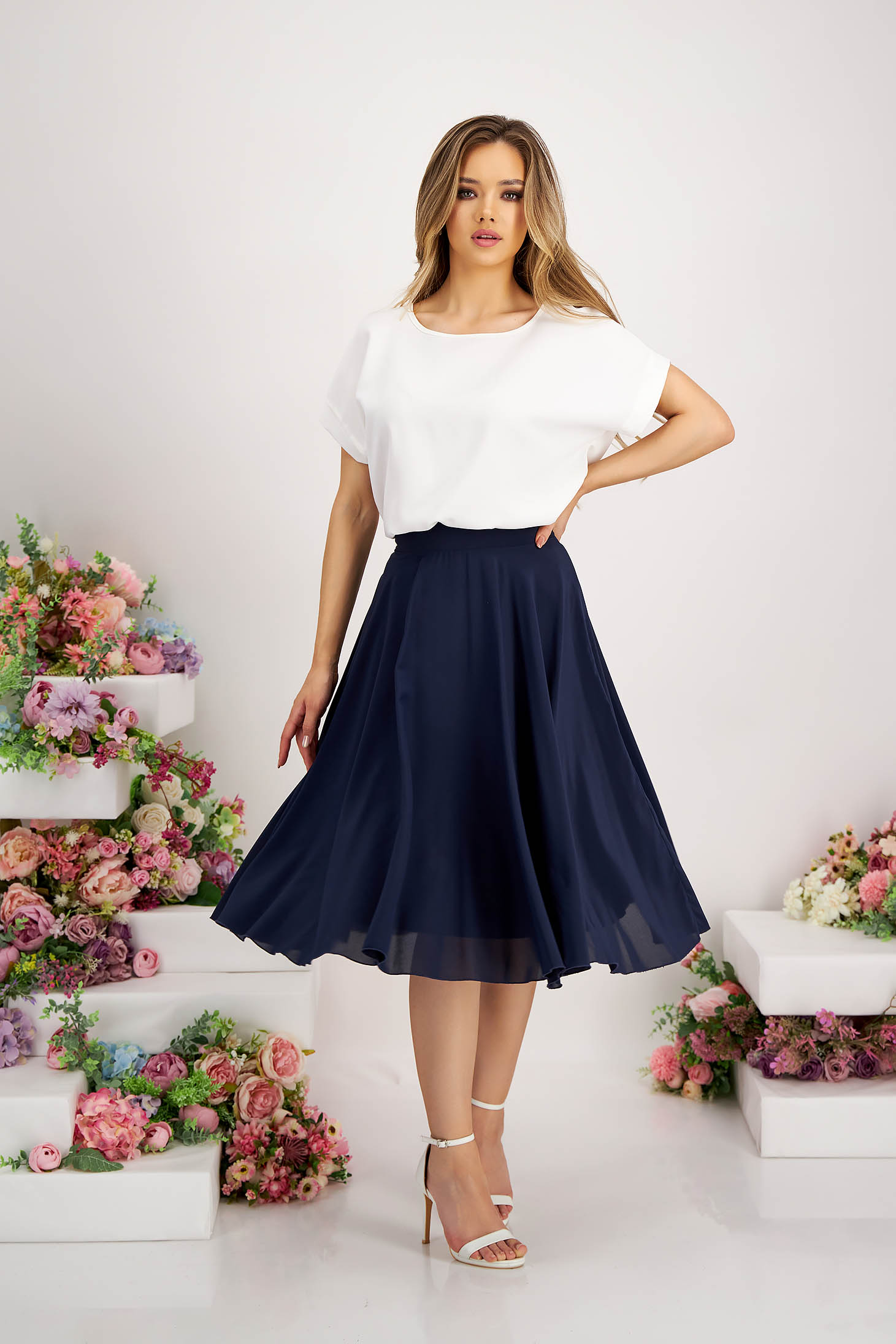 Navy Blue Chiffon Midi Flared Skirt with High Waist - StarShinerS 3 - StarShinerS.com