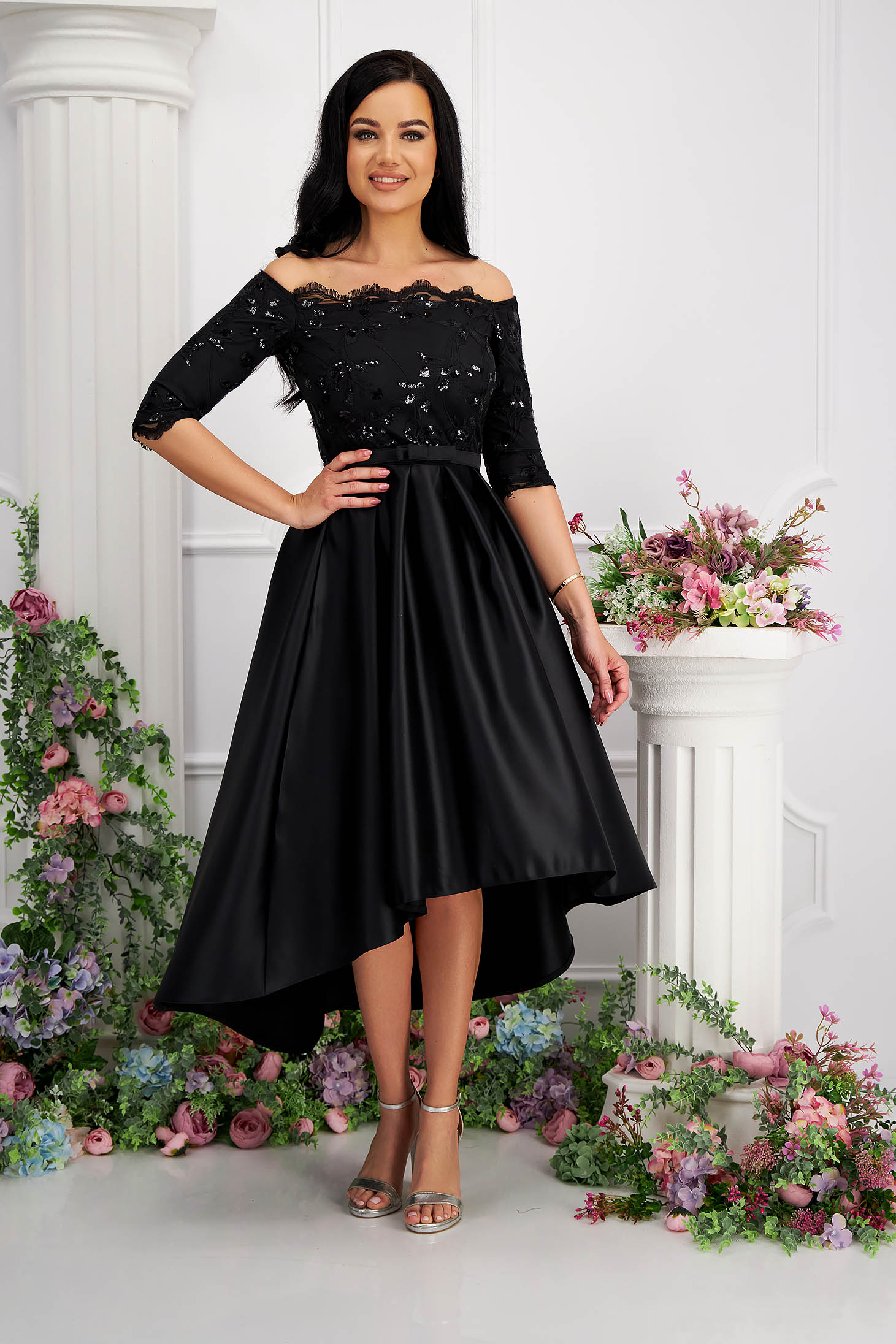 Asymmetric black lace and elastic taffeta dress in a cloche style with sequin applications - StarShinerS 4 - StarShinerS.com