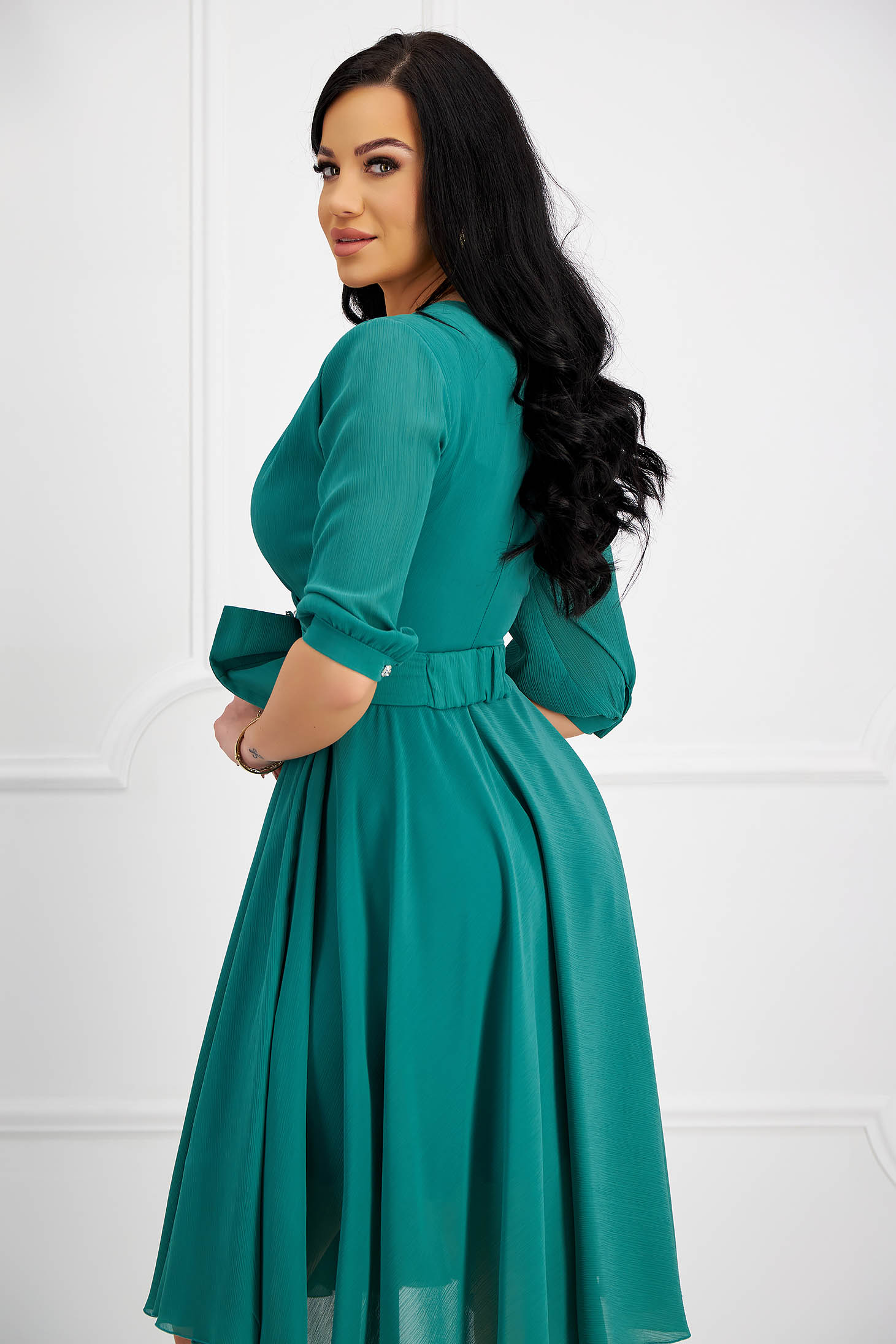 Midi satin voile green dress in a-line accessorized with a buckle - PrettyGirl 5 - StarShinerS.com