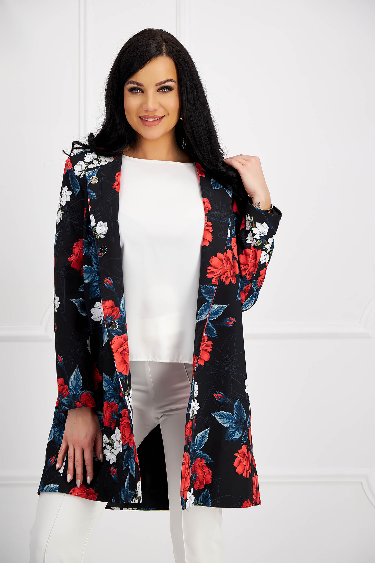 Lightweight fabric coat with a straight cut and side pockets with digital print - StarShinerS 3 - StarShinerS.com