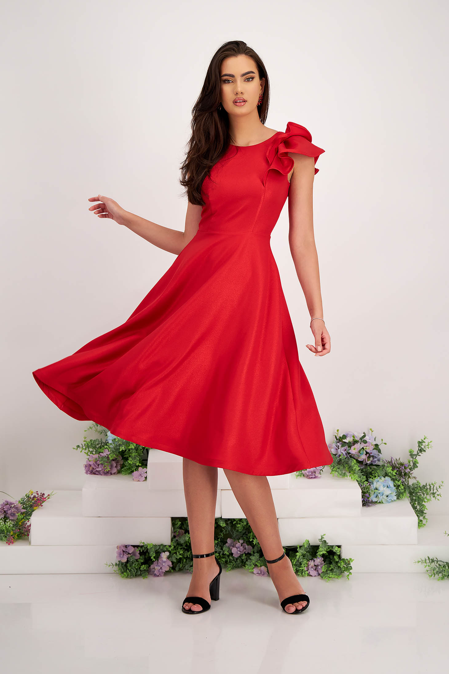 Red Elastic Fabric Dress with Ruffles on the Shoulder - StarShinerS 2 - StarShinerS.com
