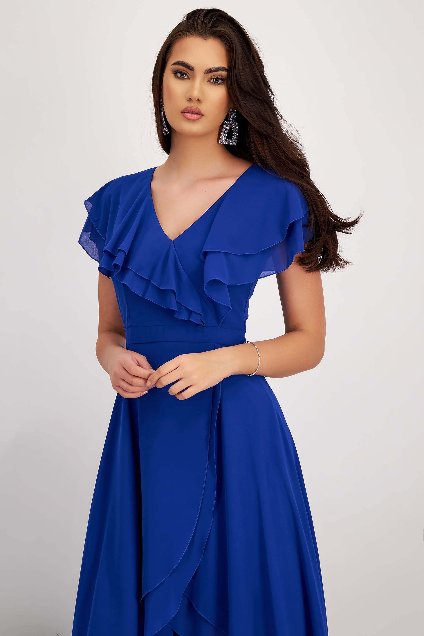 Asymmetric Blue Voile Midi Dress with Ruffles on Sleeve - StarShinerS 6 - StarShinerS.com