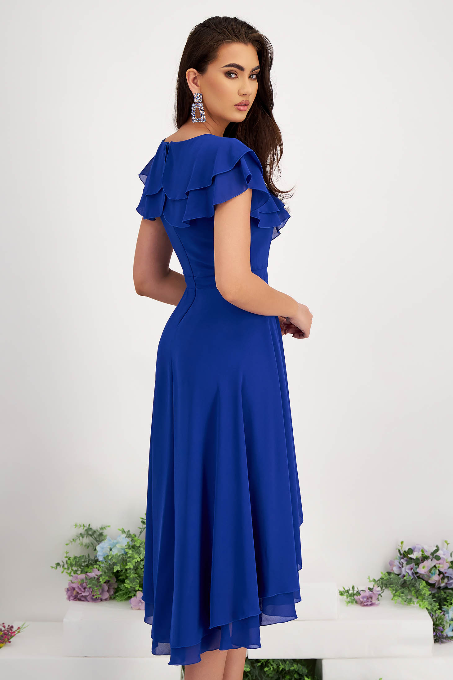 Asymmetric Blue Voile Midi Dress with Ruffles on Sleeve - StarShinerS 2 - StarShinerS.com