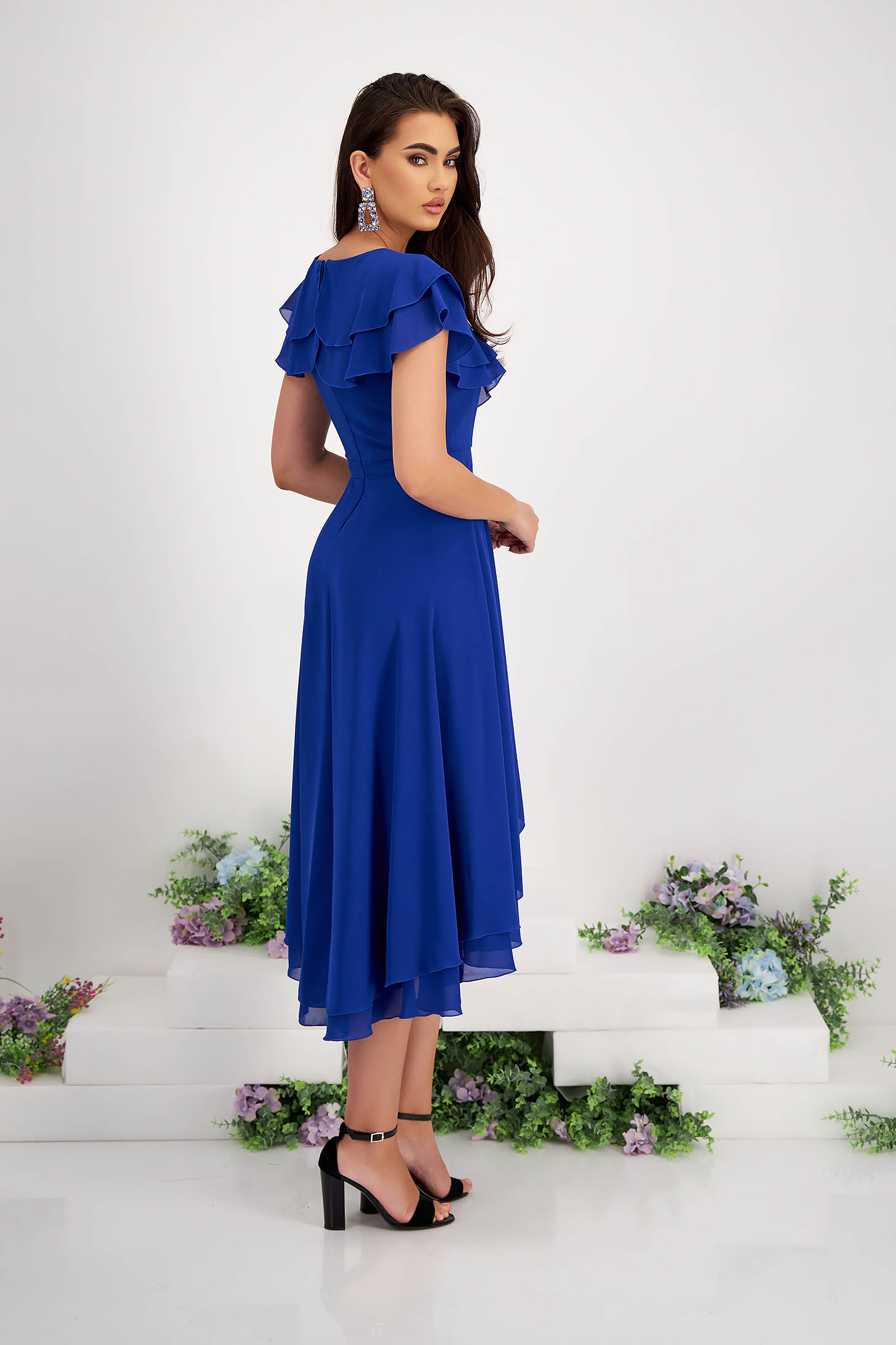 Asymmetric Blue Voile Midi Dress with Ruffles on Sleeve - StarShinerS 4 - StarShinerS.com
