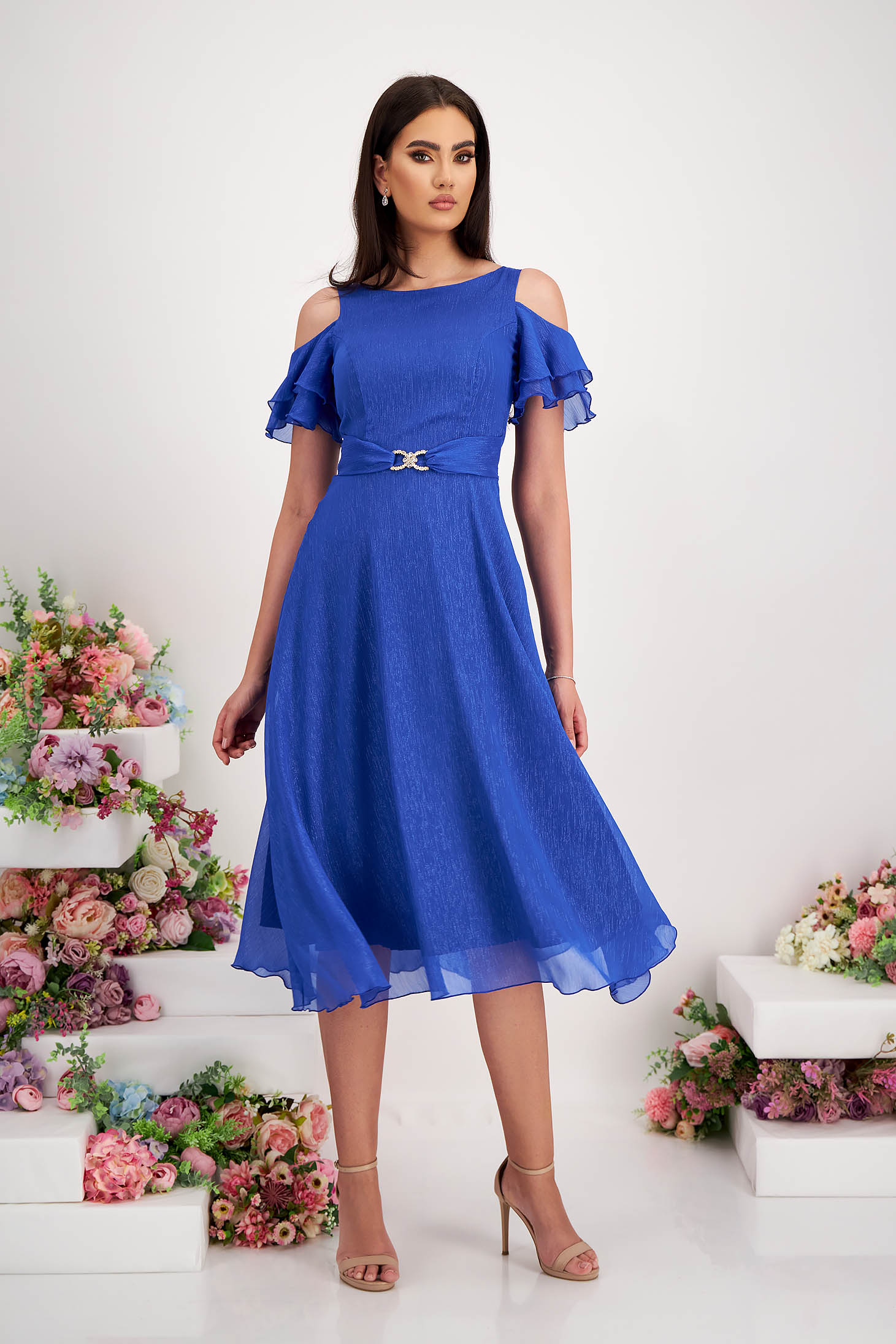 Kék muszlin midi harang ruha csillogó díszítésekkel - StarShinerS 5 - StarShinerS.hu